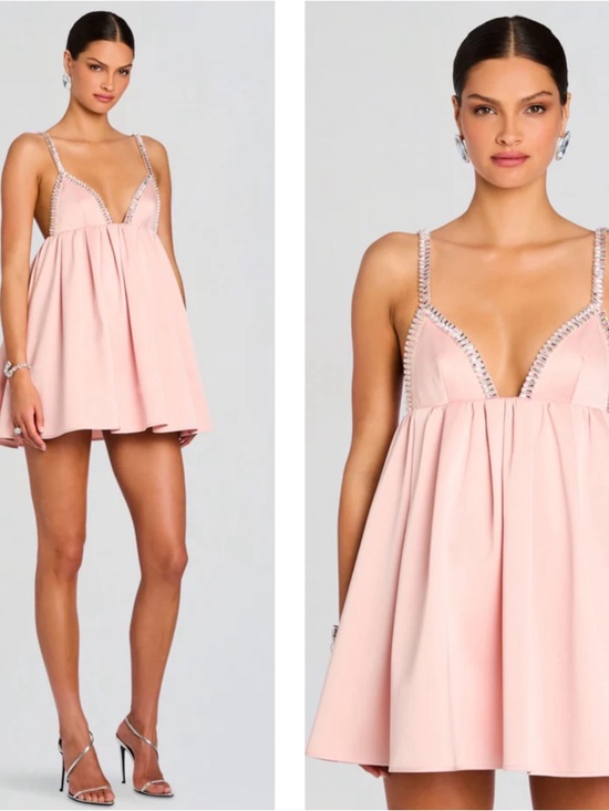 Retrofete Dresses & Skirts - RETROFETE Aniyah Crystal Embellished Babydoll Satin Pink Mini Dress Size Large